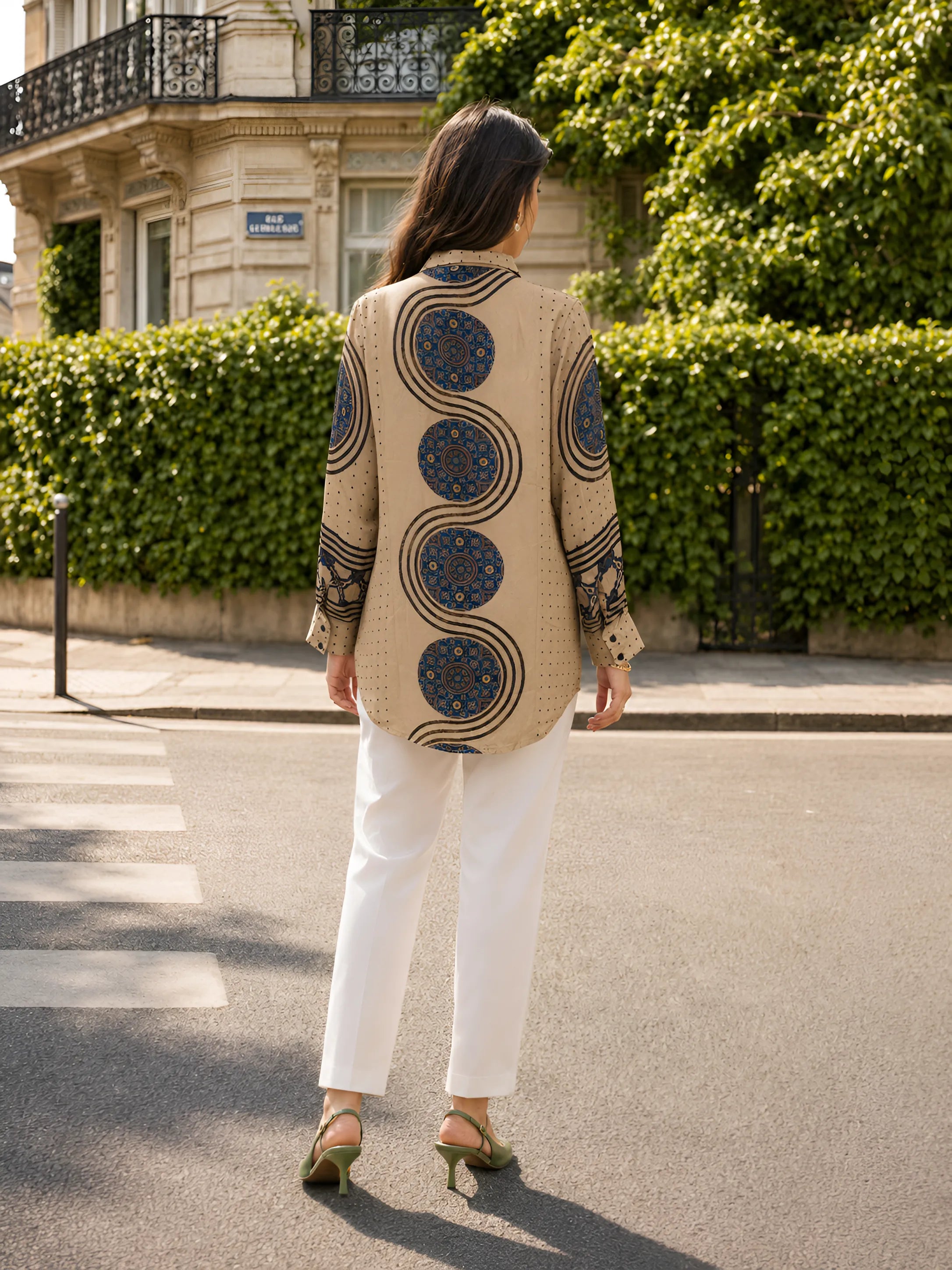 Beige Mixed Print Shirt with Horse Tassel Placket in Crepe