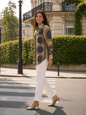 Beige Mixed Print Shirt with Horse Tassel Placket in Crepe