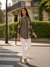 Beige Mixed Print Shirt with Horse Tassel Placket in Crepe