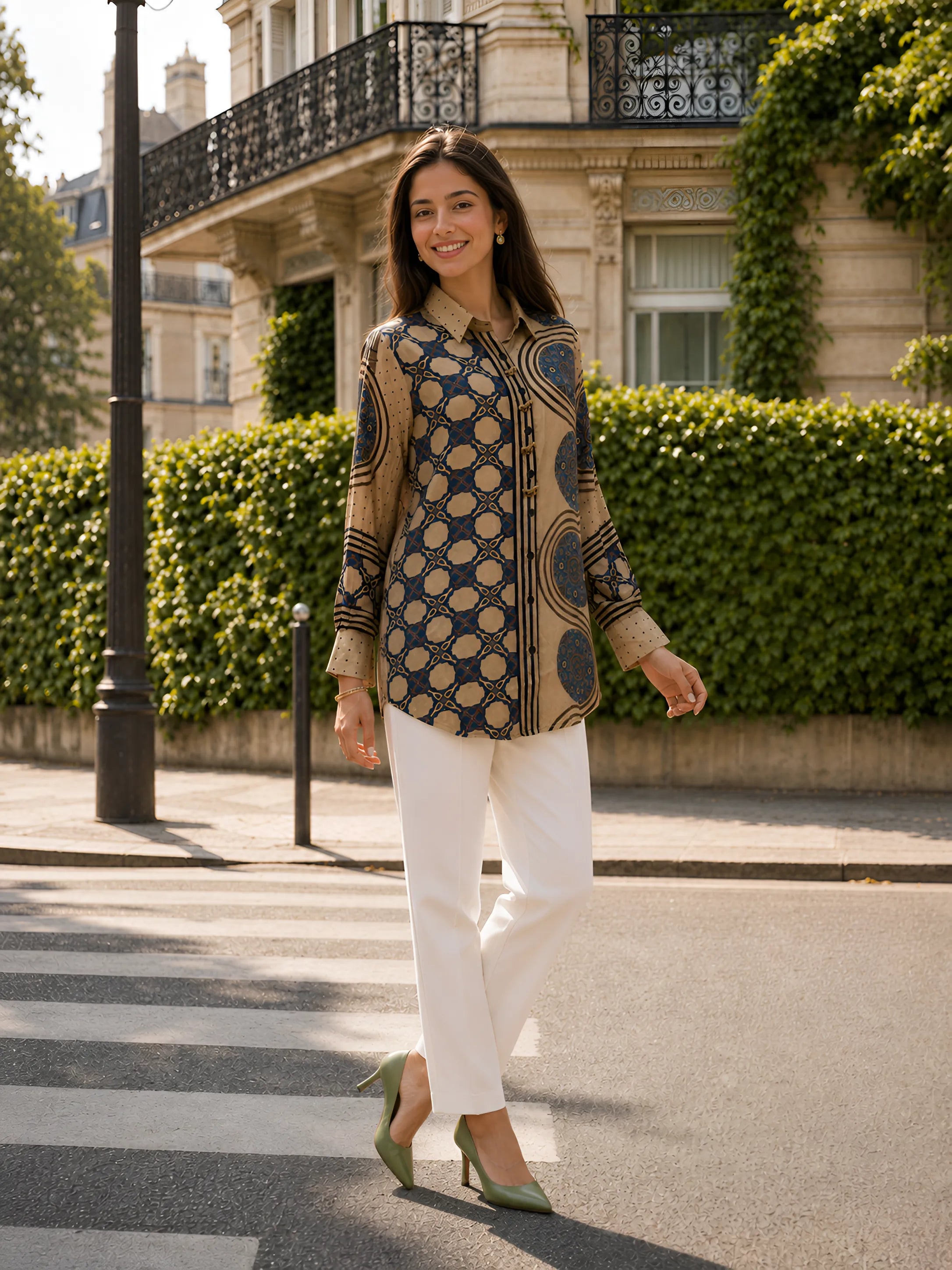 Beige Mixed Print Shirt with Horse Tassel Placket in Crepe