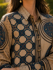 Beige Mixed Print Shirt with Horse Tassel Placket in Crepe