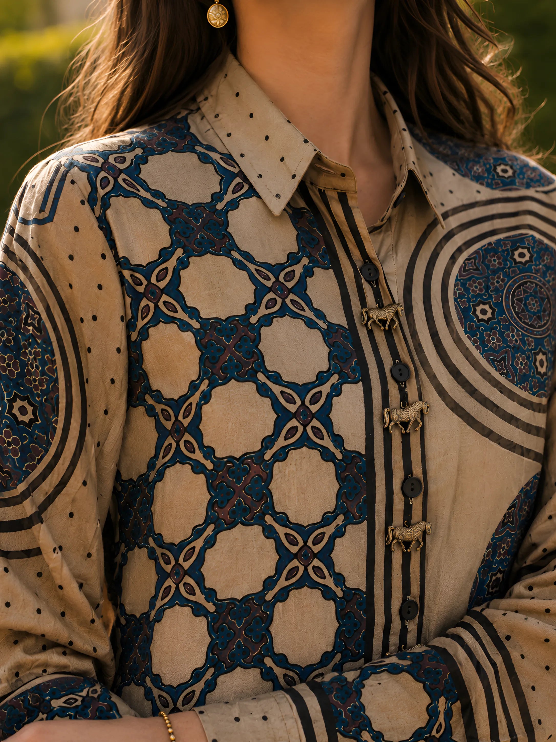Beige Mixed Print Shirt with Horse Tassel Placket in Crepe