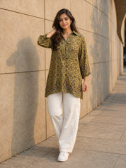 Mustard Yellow Geometric Printed Short Kurti with Metal Embellishment in Crepe