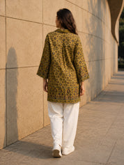 Mustard Yellow Geometric Printed Short Kurti with Metal Embellishment in Crepe