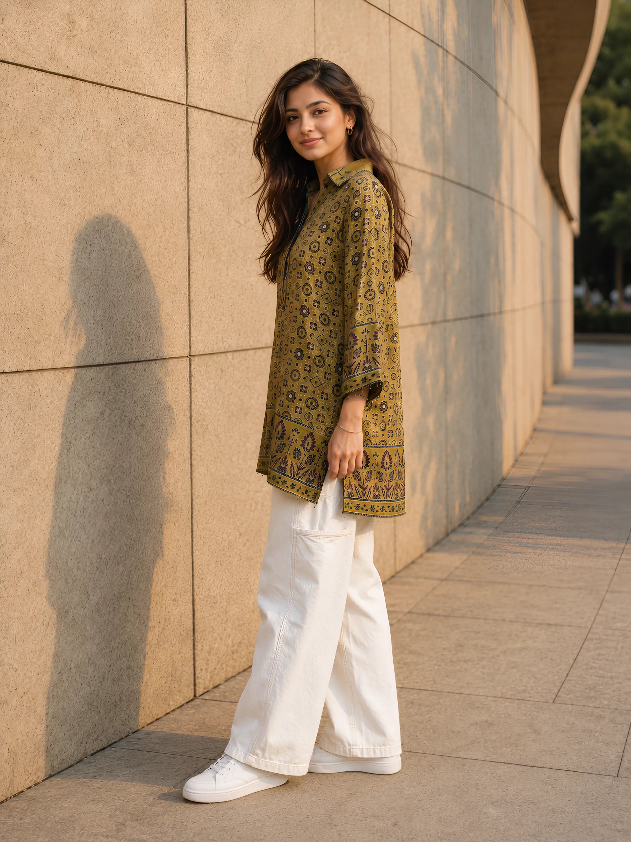 Mustard Yellow Geometric Printed Short Kurti with Metal Embellishment in Crepe