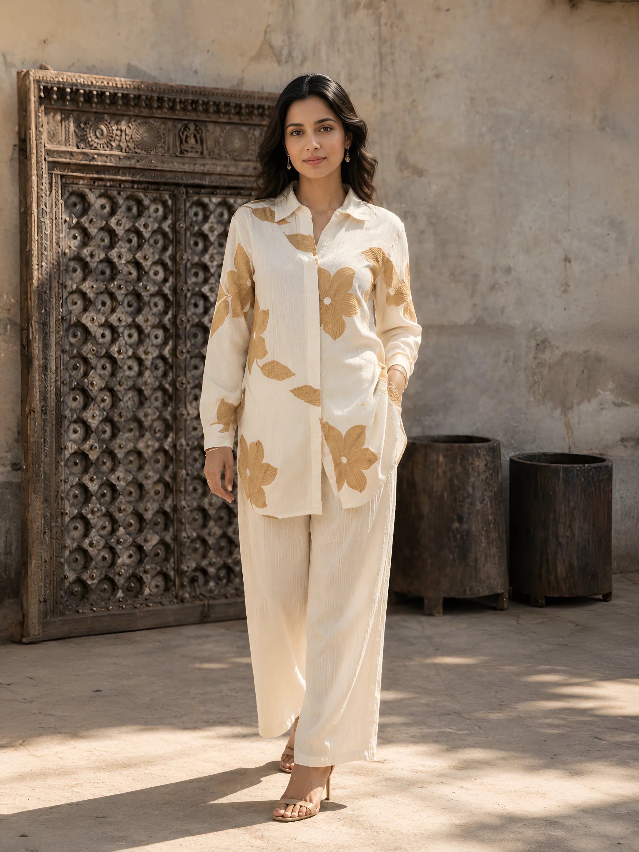 Ivory Co-ord Set with Brown Floral Embroidery Rayon Flex