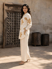 Ivory Co-ord Set with Brown Floral Embroidery Rayon Flex