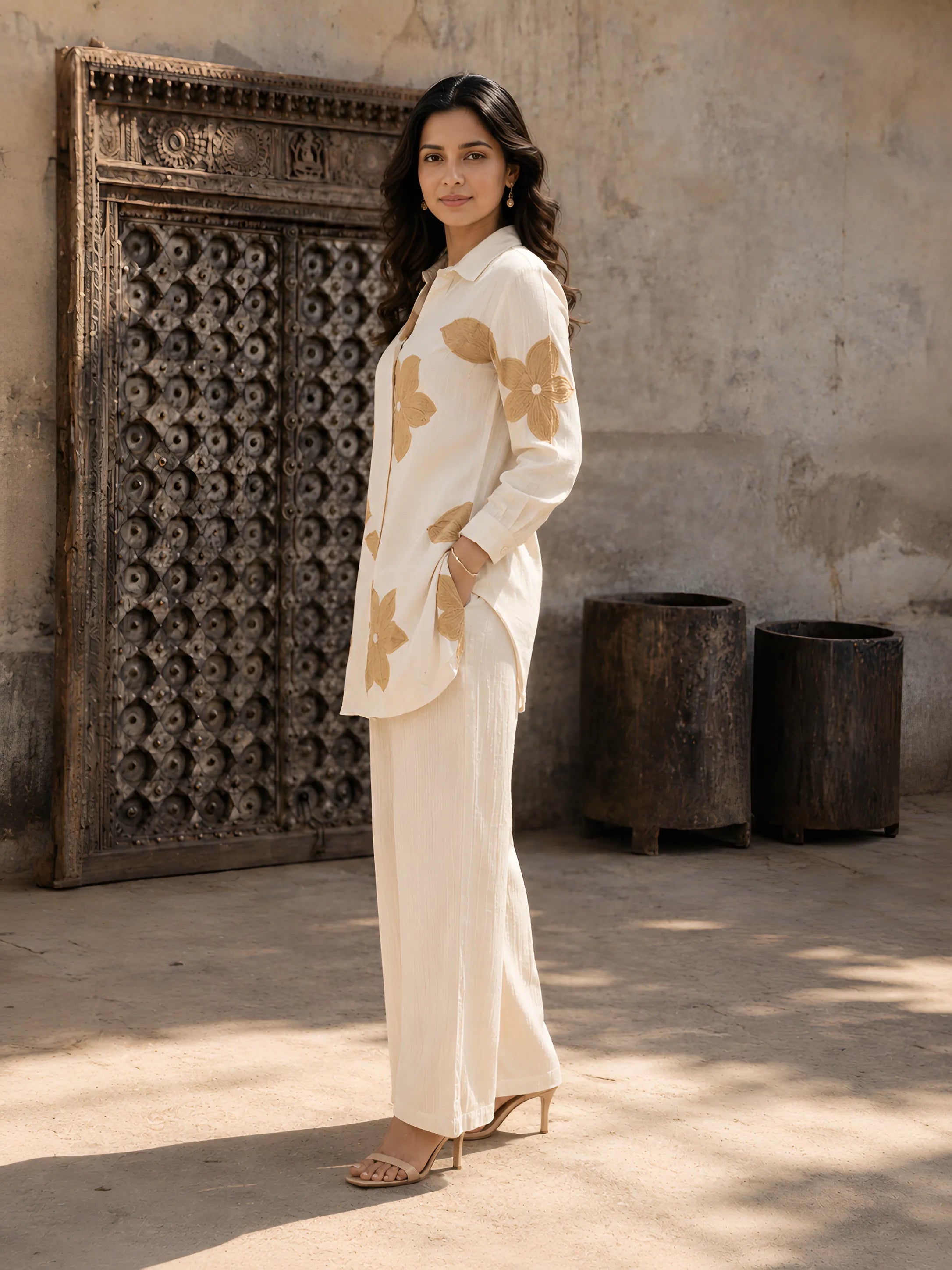 Ivory Co-ord Set with Brown Floral Embroidery Rayon Flex