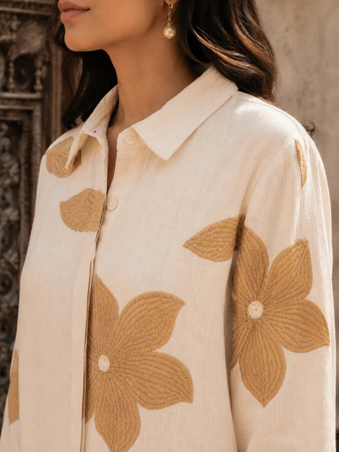 Ivory Co-ord Set with Brown Floral Embroidery Rayon Flex