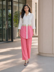 White & Pink Colour-Block 3 Piece Co-ord Set with Embroidered Yoke