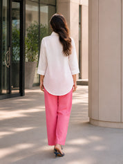 White & Pink Colour-Block 3 Piece Co-ord Set with Embroidered Yoke