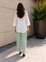 White & Sage Green Colour-Block 3 Piece Co-ord Set with Embroidered Yoke