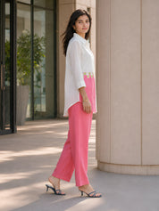 White & Pink Colour-Block 3 Piece Co-ord Set with Embroidered Yoke