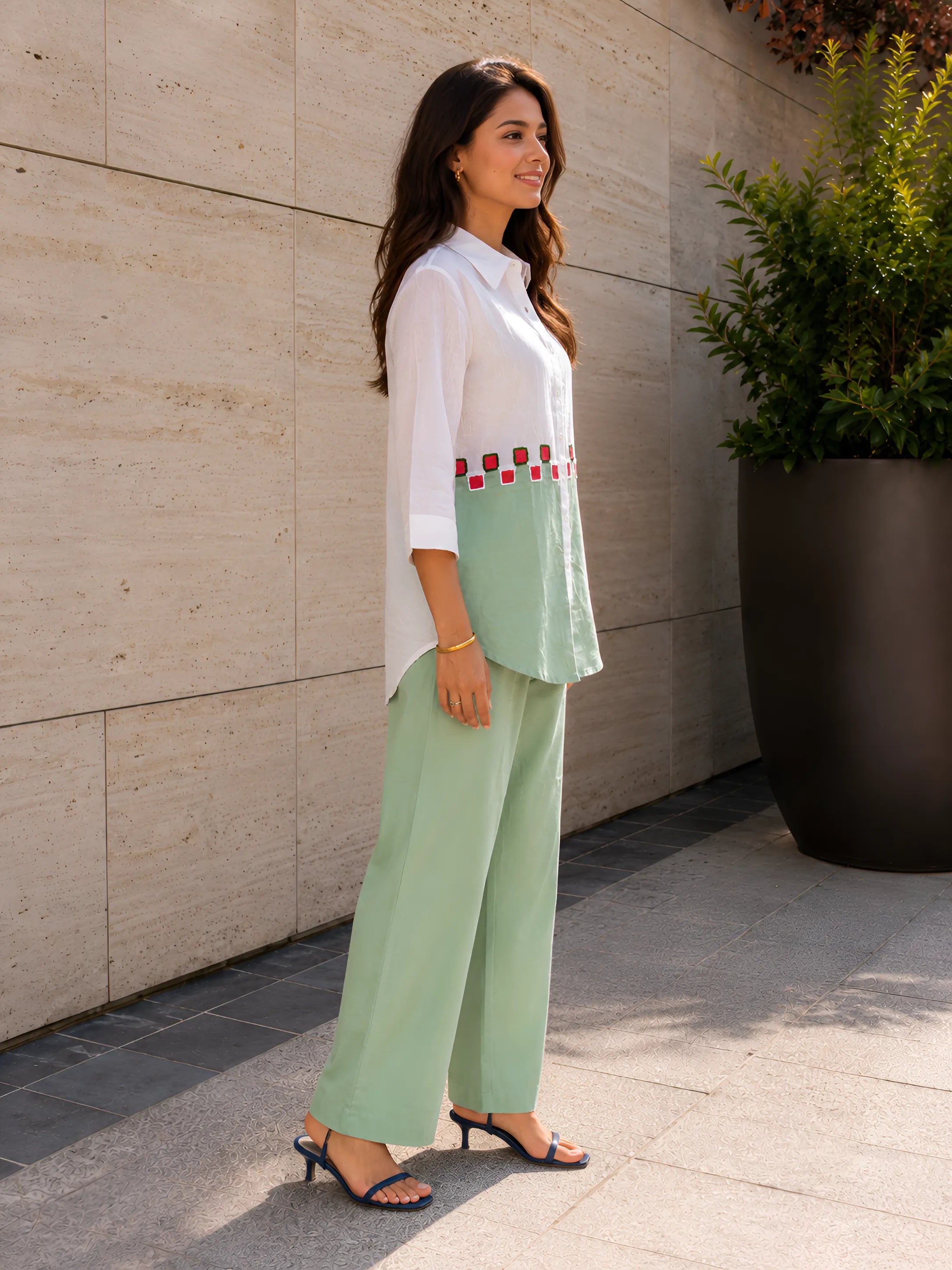 White & Sage Green Colour-Block 3 Piece Co-ord Set with Embroidered Yoke