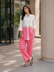 White & Pink Colour-Block 3 Piece Co-ord Set with Embroidered Yoke