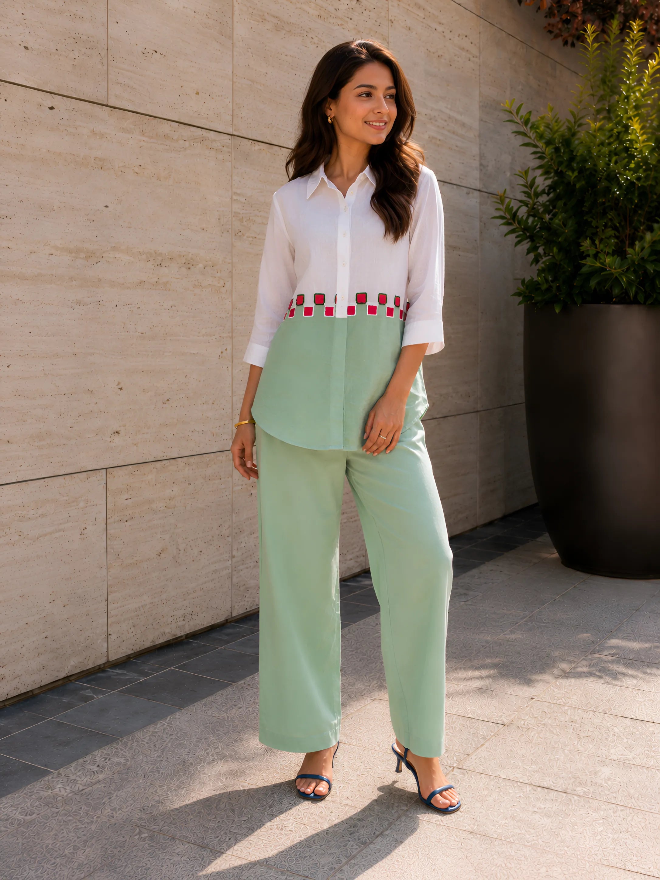 White & Sage Green Colour-Block 3 Piece Co-ord Set with Embroidered Yoke