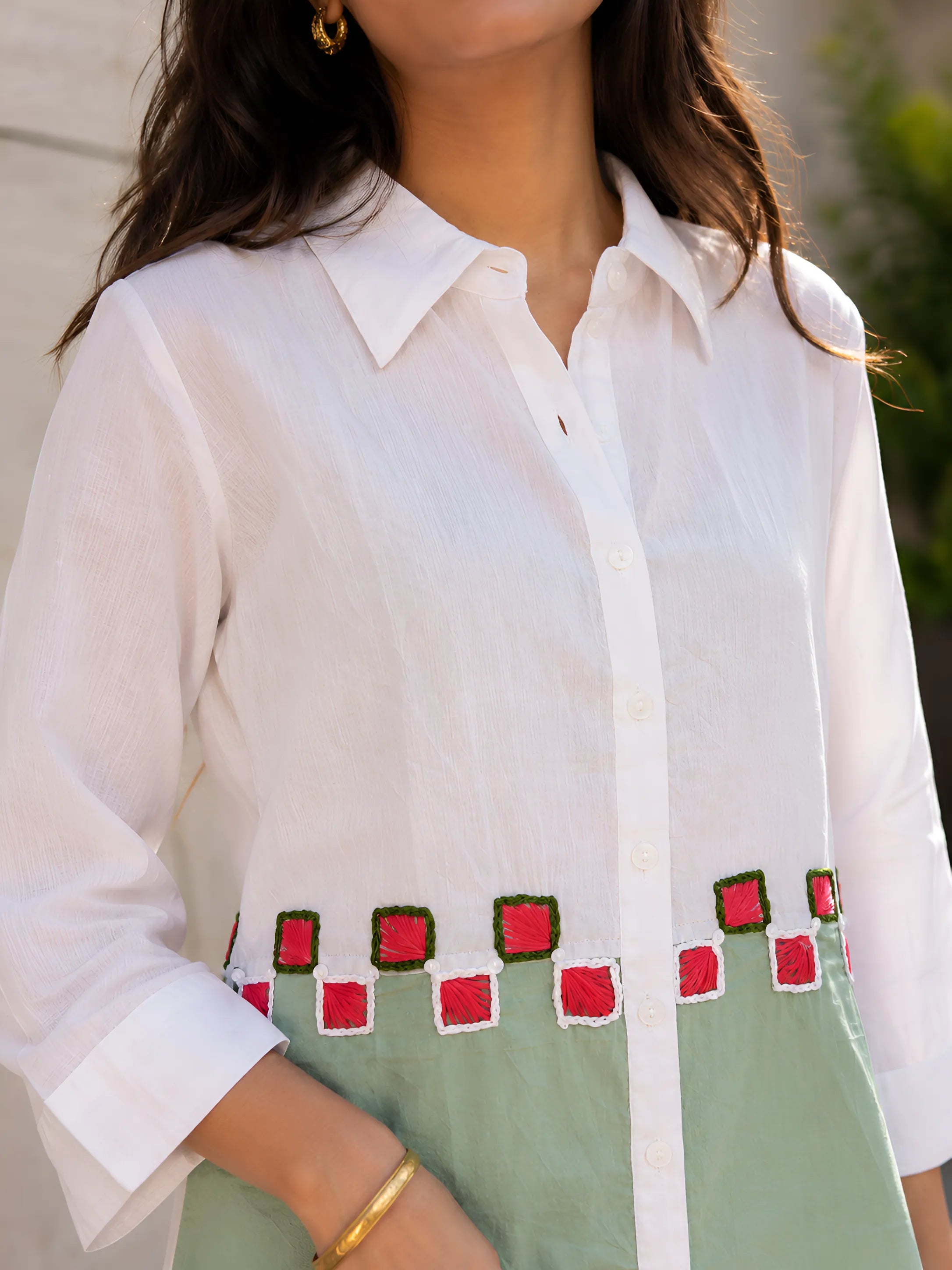 White & Sage Green Colour-Block 3 Piece Co-ord Set with Embroidered Yoke