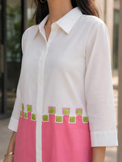 White & Pink Colour-Block 3 Piece Co-ord Set with Embroidered Yoke