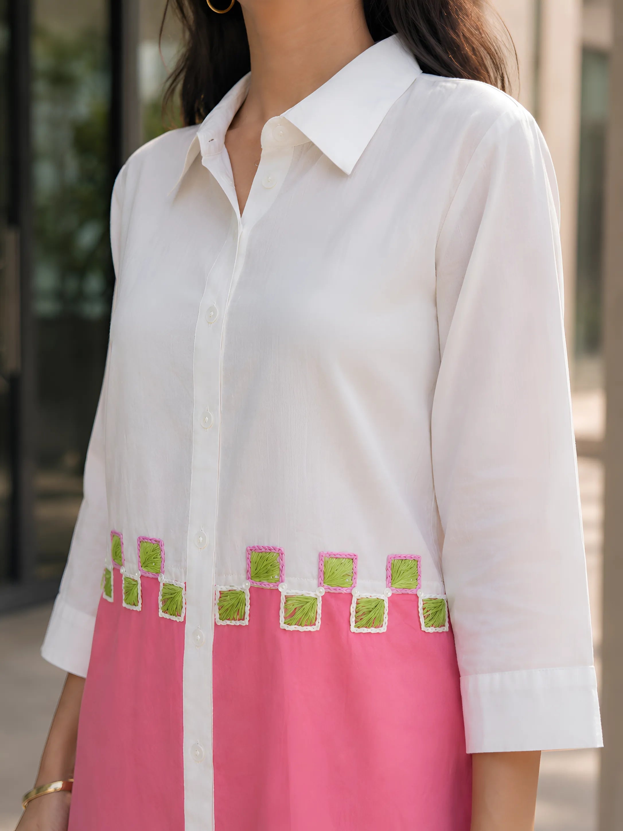 White & Pink Colour-Block 3 Piece Co-ord Set with Embroidered Yoke