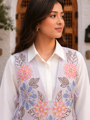 White Shirt with Lilac Base Floral Embroidered Vest & Lilac Straight Pants