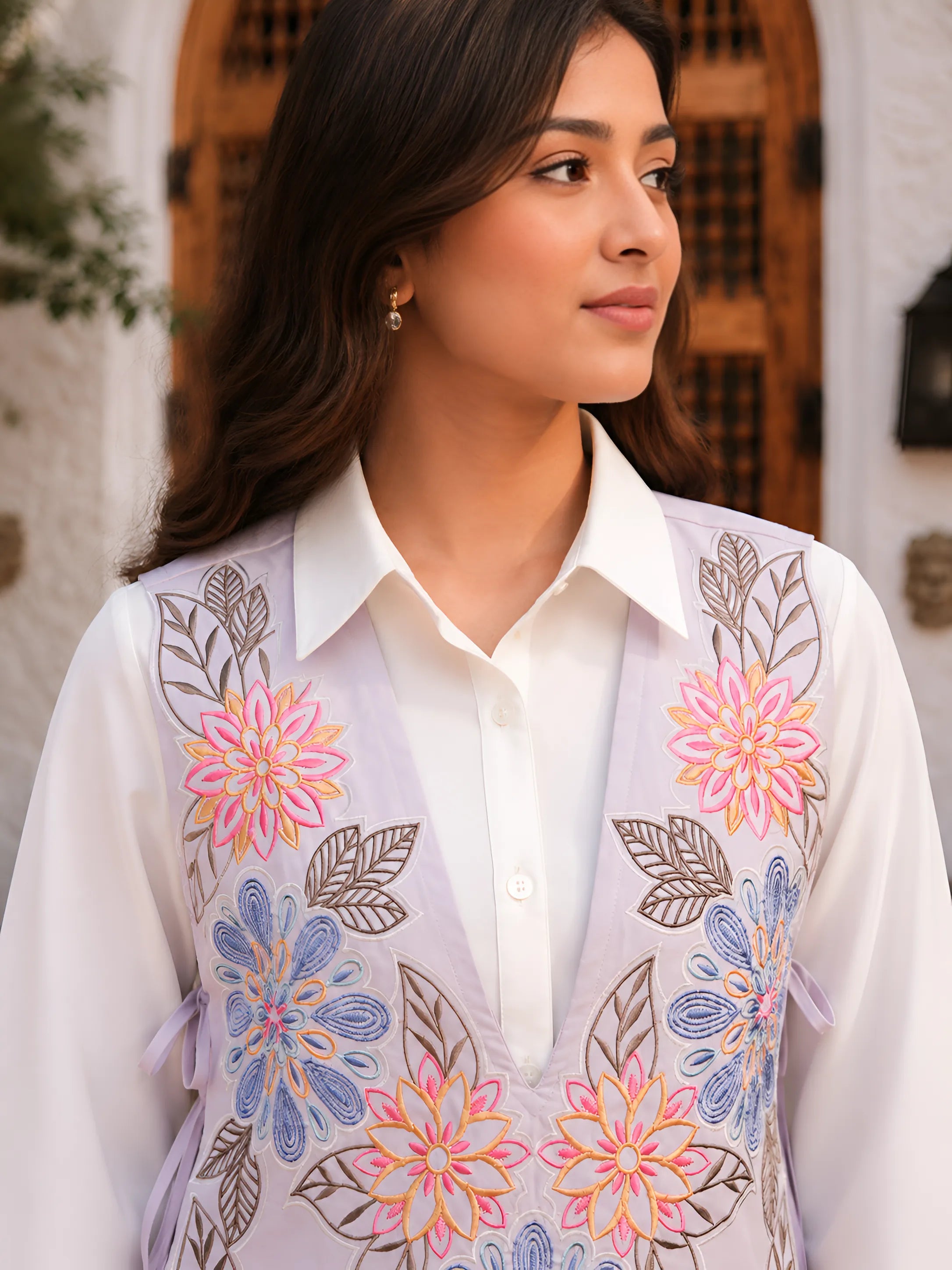 White Shirt with Lilac Base Floral Embroidered Vest & Lilac Straight Pants