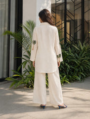 Beige Co-ord Set with Coconut Tree Embroidery in Rayon Flex