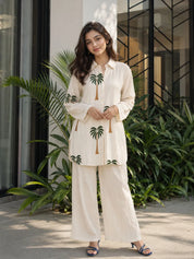 Beige Co-ord Set with Coconut Tree Embroidery in Rayon Flex