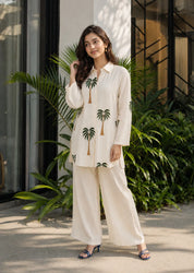 Beige Co-ord Set with Coconut Tree Embroidery in Rayon Flex
