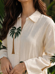 Beige Co-ord Set with Coconut Tree Embroidery in Rayon Flex