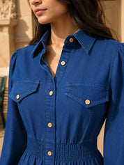 Blue Cotton Denim Midi Dress with Wooden Button
