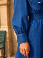 Blue Cotton Denim Midi Dress with Wooden Button