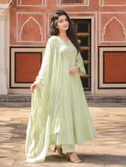Pistachio Green Embroidered Anarkali Set with Dupatta in Soft Mulmul