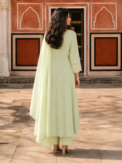 Pistachio Green Embroidered Anarkali Set with Dupatta in Soft Mulmul