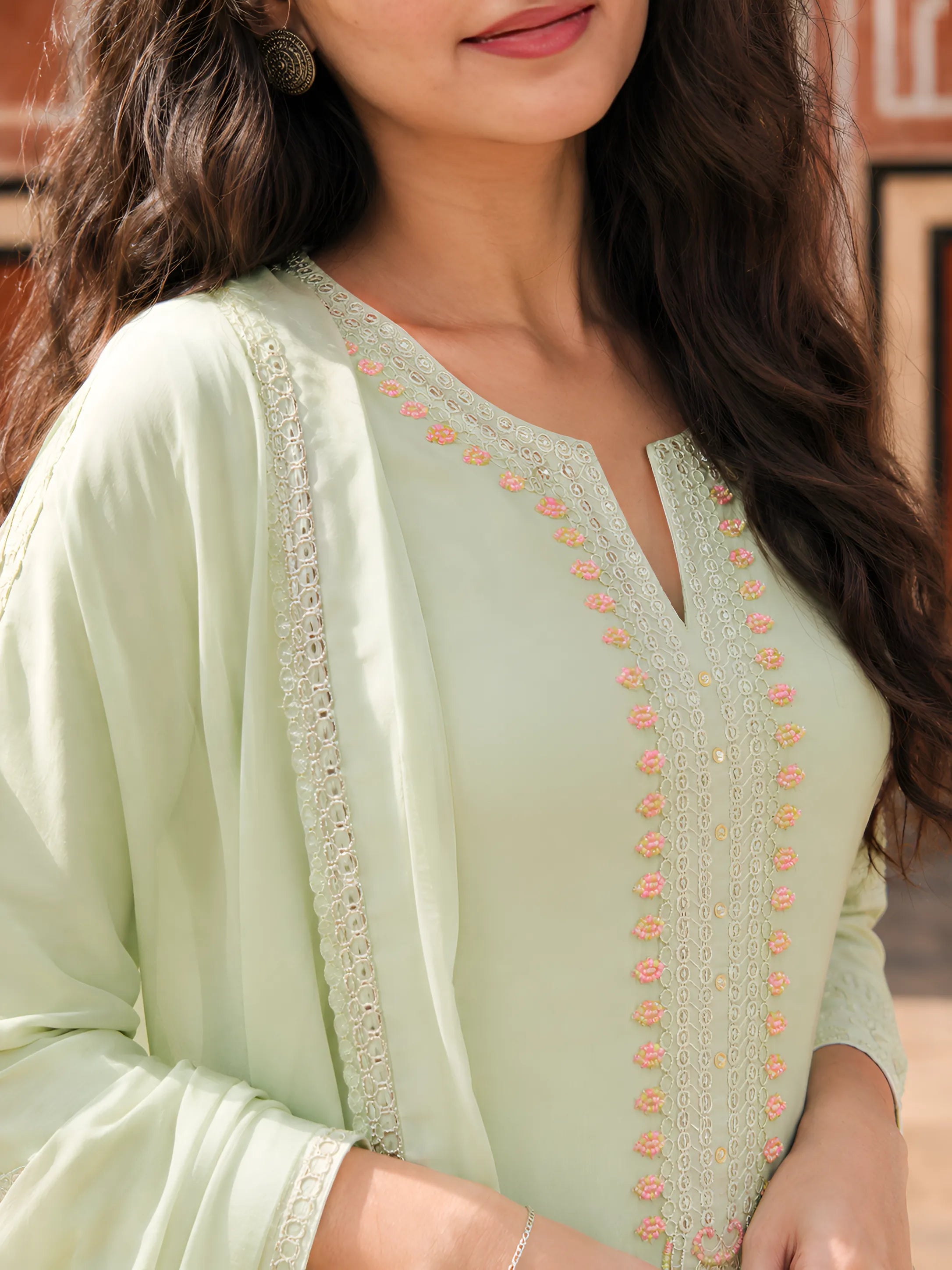 Pistachio Green Embroidered Anarkali Set with Dupatta in Soft Mulmul