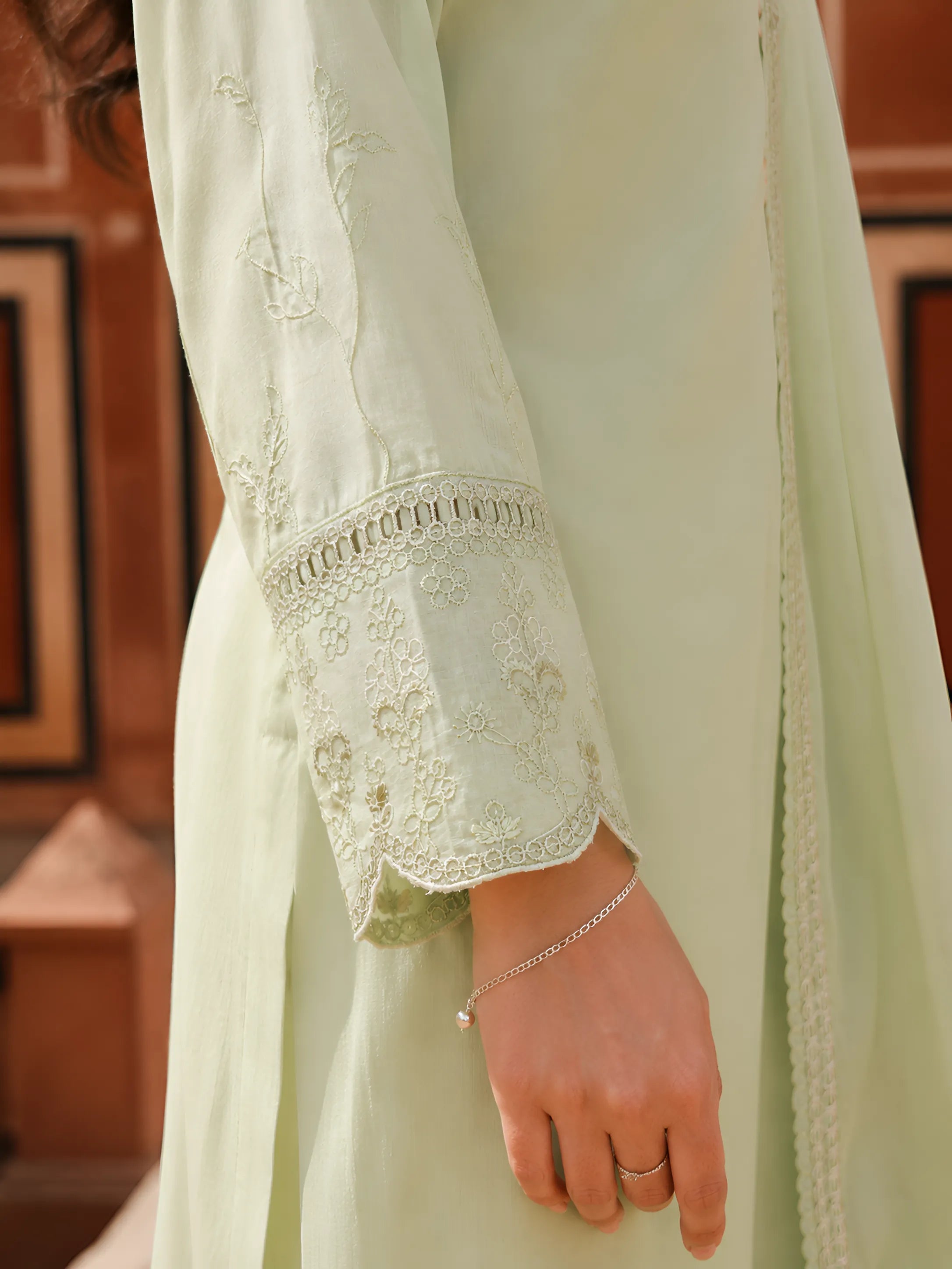 Pistachio Green Embroidered Anarkali Set with Dupatta in Soft Mulmul