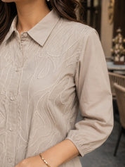 Beige Cotton Poplin Shirt with Cord Embroidery