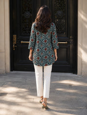 Bluish Grey Printed Cotton Short Kurti
