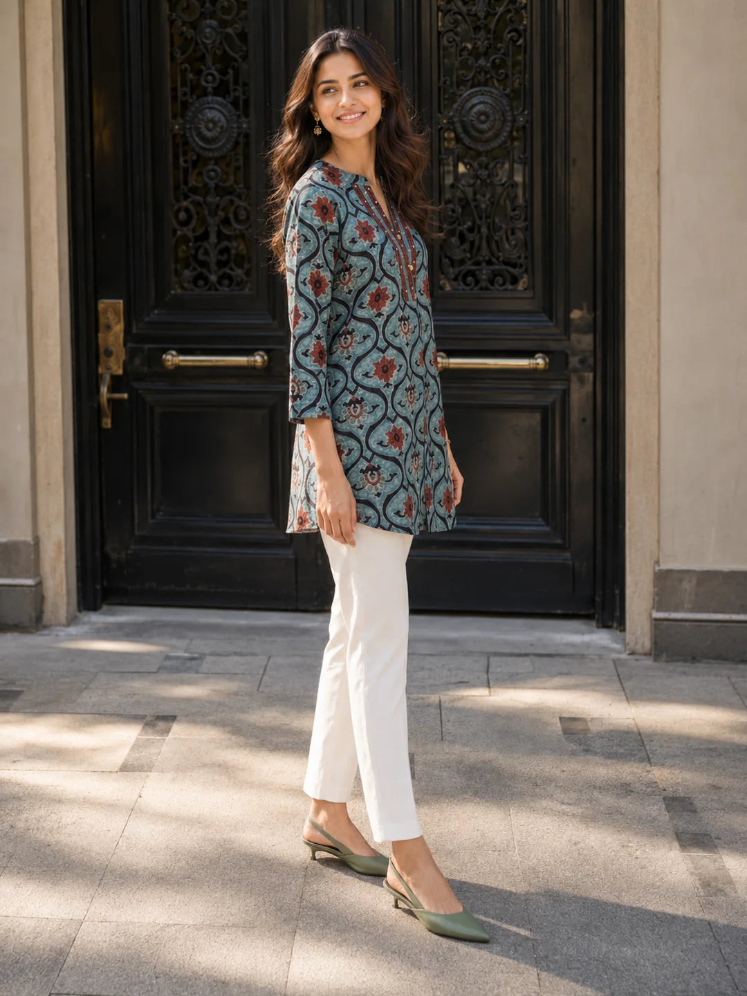 Bluish Grey Printed Cotton Short Kurti