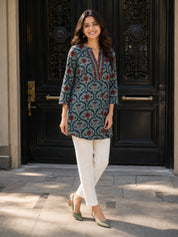 Bluish Grey Printed Cotton Short Kurti