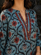 Bluish Grey Printed Cotton Short Kurti