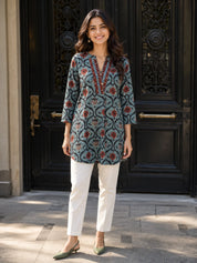 Bluish Grey Printed Cotton Short Kurti