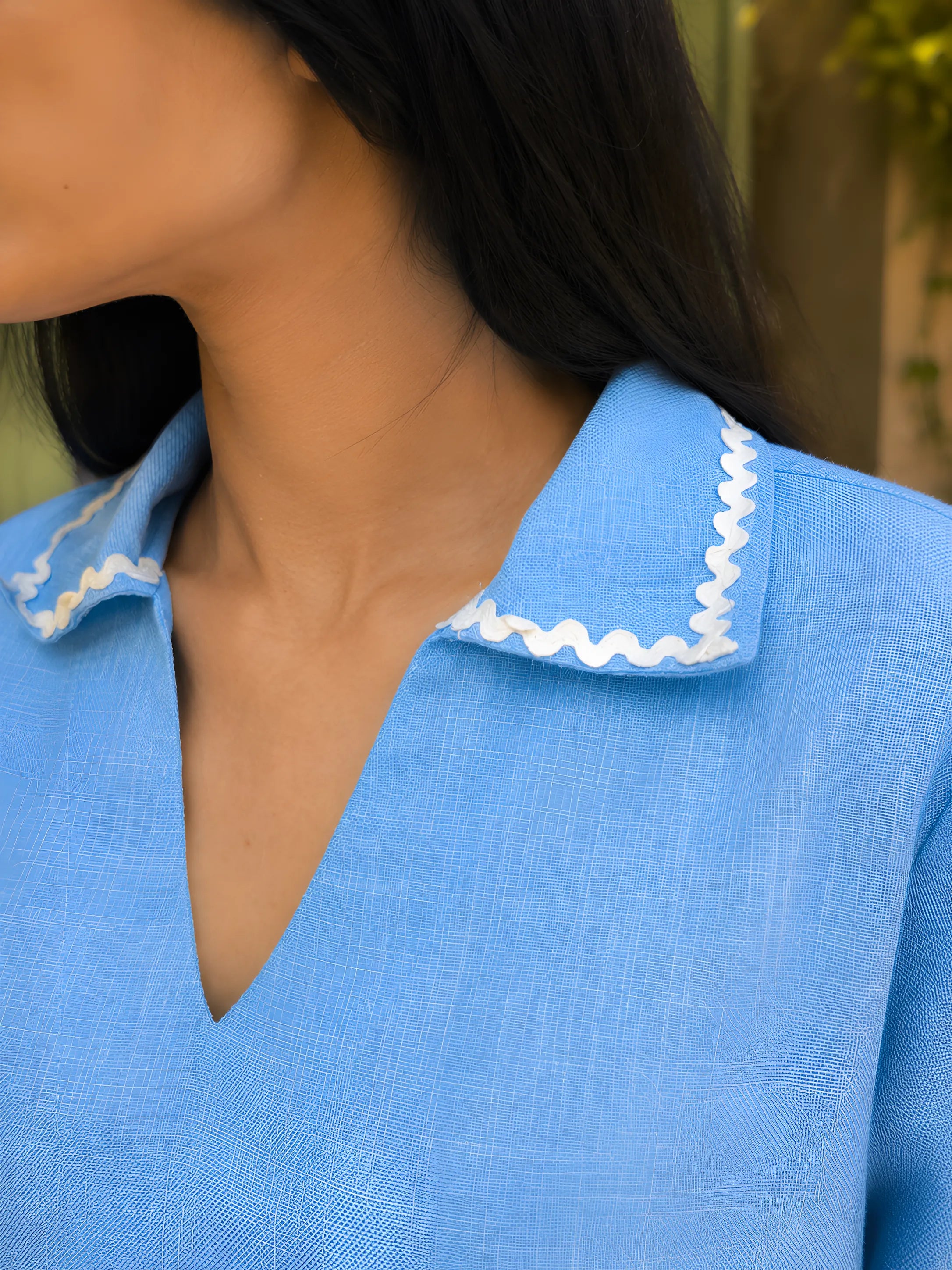 Sky Blue Short Kurti with Ricrac Lace in Poly Cotton