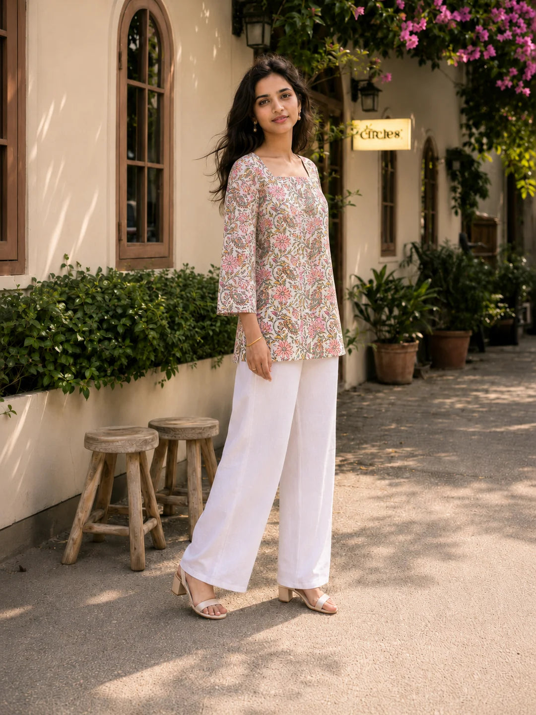 White Floral Jaal Printed Cotton Short Kurti