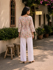 White Floral Jaal Printed Cotton Short Kurti