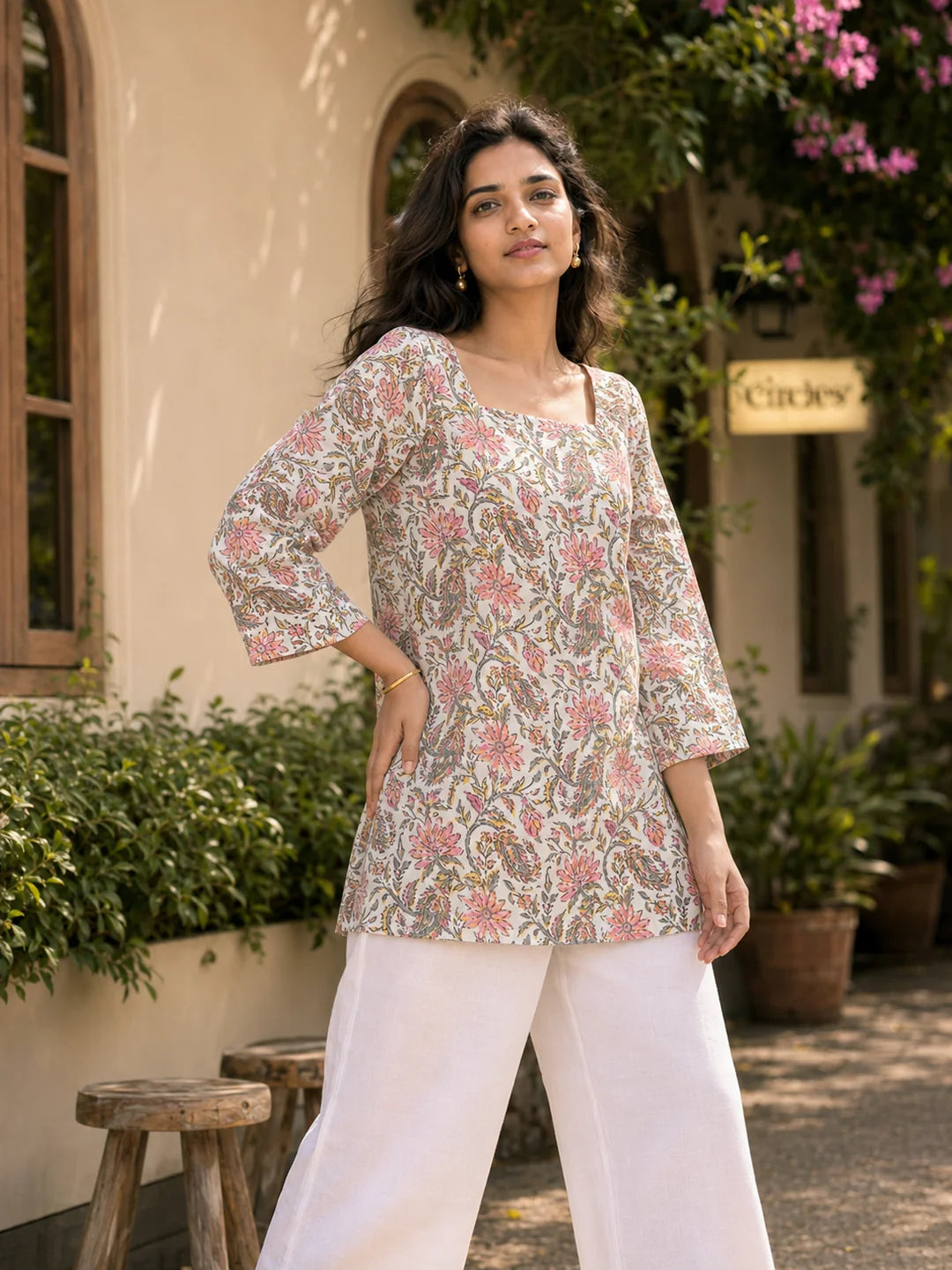White Floral Jaal Printed Cotton Short Kurti