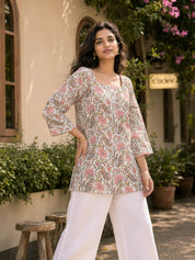 White Floral Jaal Printed Cotton Short Kurti