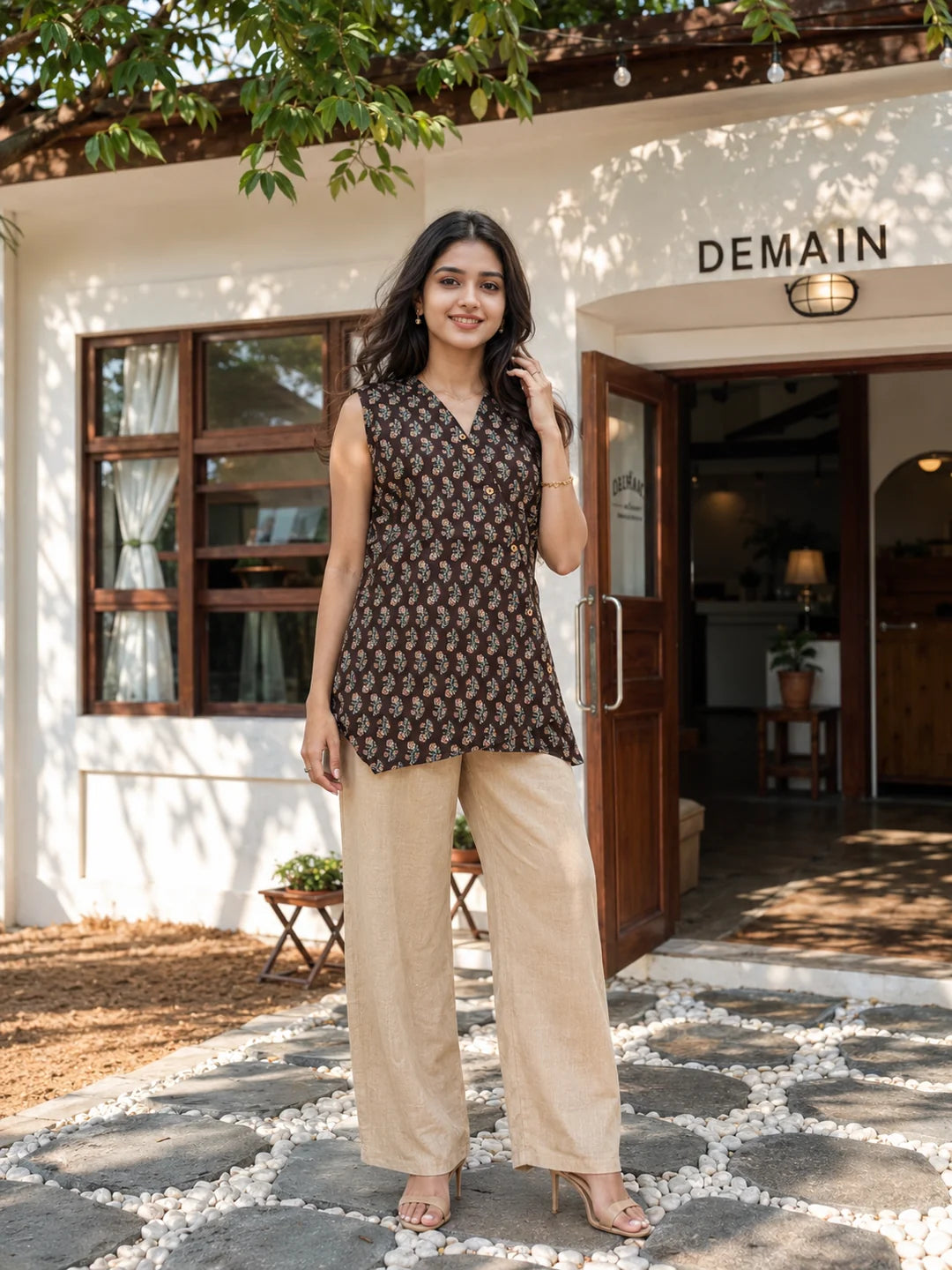Brown Sleeveless Floral Buti Printed Short Kurti with Wooden Button in Cotton