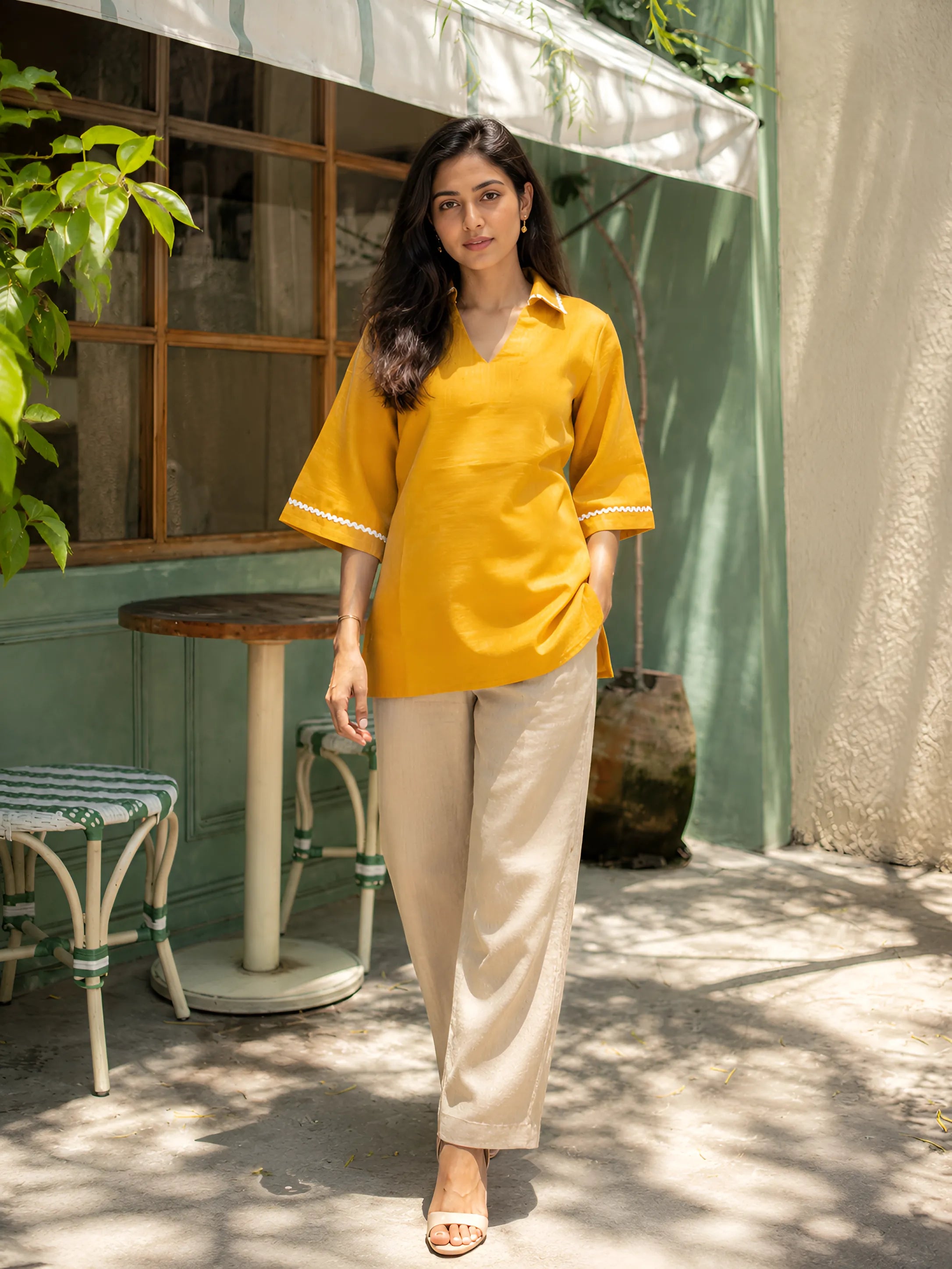 Mustard Yellow Short Kurti with Ricrac Lace in Poly Cotton