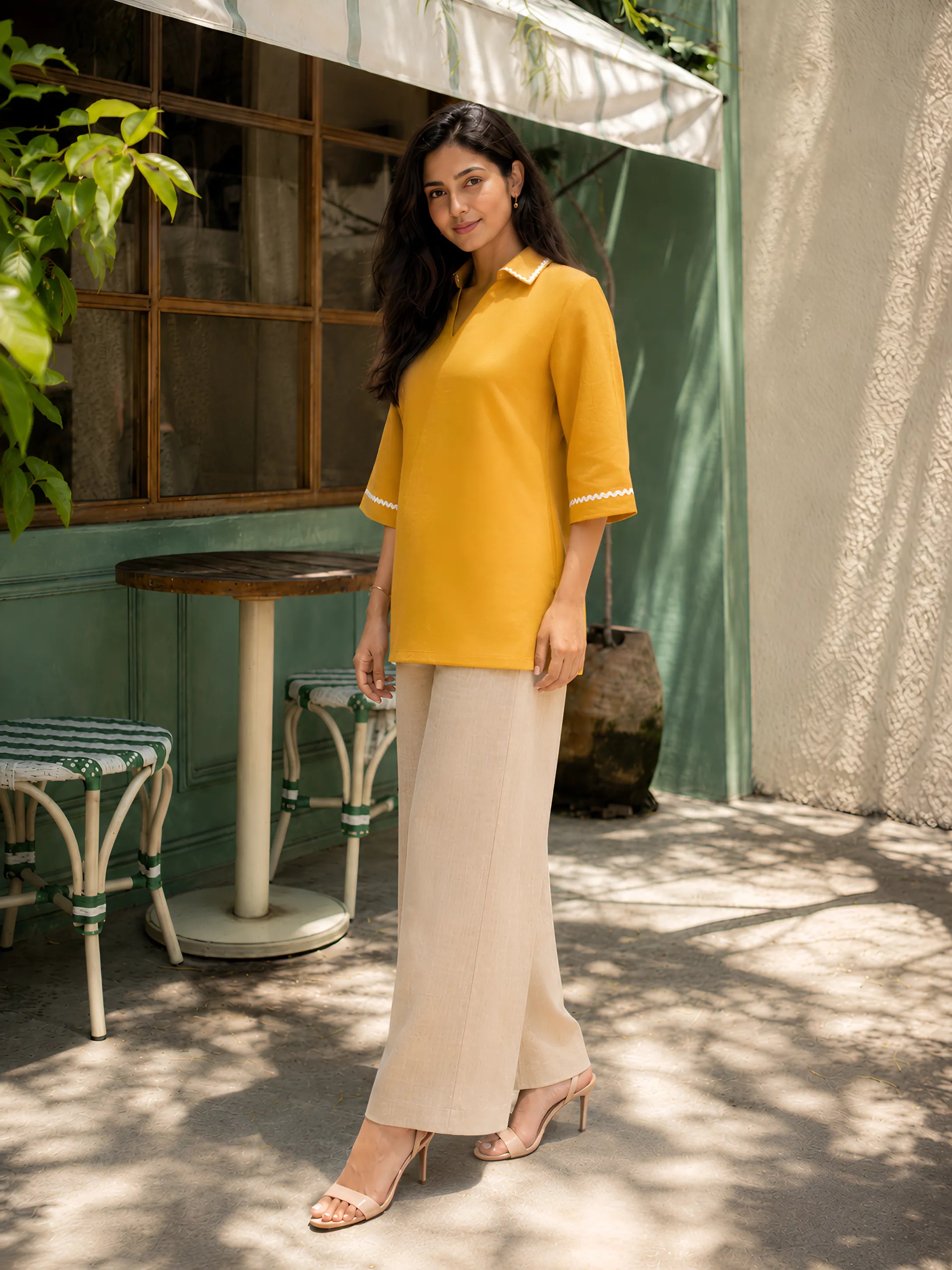 Mustard Yellow Short Kurti with Ricrac Lace in Poly Cotton
