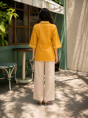 Mustard Yellow Short Kurti with Ricrac Lace in Poly Cotton
